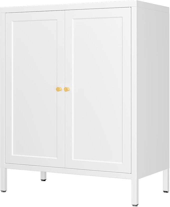 2 Door Metal Accent Storage Cabinet for Office Room,Garage-Metal Floor Bathroom Storage Cabinet with 1 Adjustable Shelves,Freestanding Sideboard for Small Spaces (Square Door, White)