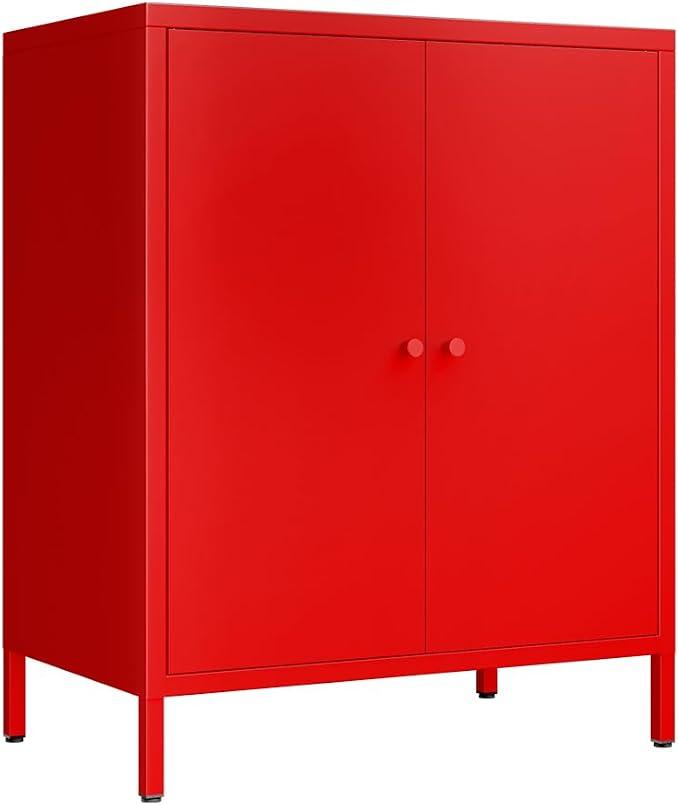 2 Door Metal Accent Storage Cabinet for Home, Living Room, Office Room,Kitchen-Metal Locker Cabinet with 1 Adjustable Shelves-2-Tier (Small 2 Door Cabinet, red)