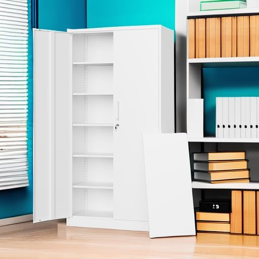 Letaya Metal Storage Cabinets with Lock Door,Steel Locker Garage Cabinets 5 Adjustable Shelves for Home,Office, Warehouse(White)