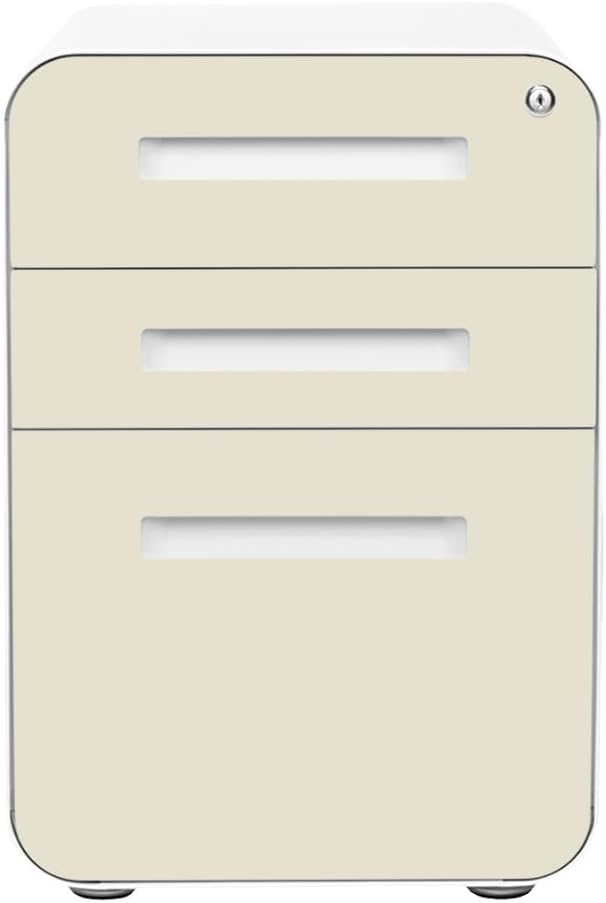 Laura Davidson Furniture Stockpile 3 Drawer File Cabinet with Lock - Under Office Desk Metal Filing Cabinet, Legal/Letter File Folders, Wheels and Stationary Feet, Pre-Assembled, Ivory