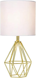 Gold Modern Small Table Lamp for Bedroom & Living Room - Geometric Metal Base, White Fabric Shade, Ideal for Bedside & Kids' Desk, Nightstand Lamp