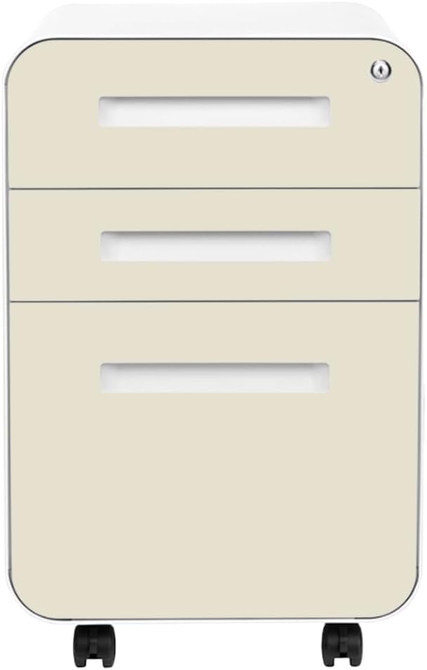 Laura Davidson Furniture Stockpile 3 Drawer File Cabinet with Lock - Under Office Desk Metal Filing Cabinet, Legal/Letter File Folders, Wheels and Stationary Feet, Pre-Assembled, Ivory