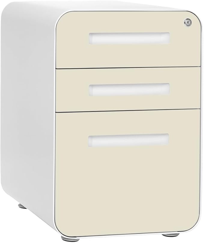 Laura Davidson Furniture Stockpile 3 Drawer File Cabinet with Lock - Under Office Desk Metal Filing Cabinet, Legal/Letter File Folders, Wheels and Stationary Feet, Pre-Assembled, Ivory