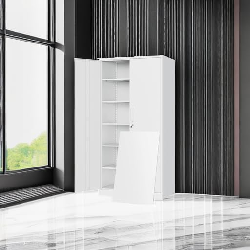 Yizosh Metal Storage Cabinet with Locking Doors and 5 Adjustable Shelves,- 72" Garage Storage White Steel Lockable File Cabinet for Office,Home,Garage