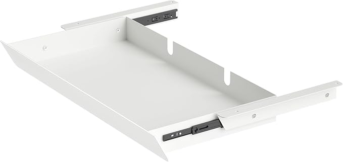 White Large Under Desk Mounted Sliding Drawer with 2 Cable Hole and 60 Degree Tilt Panel to Pull Out, 22.4'' Long & 9.2'' deep Large Storage Organizer for Sit Stand Workstation