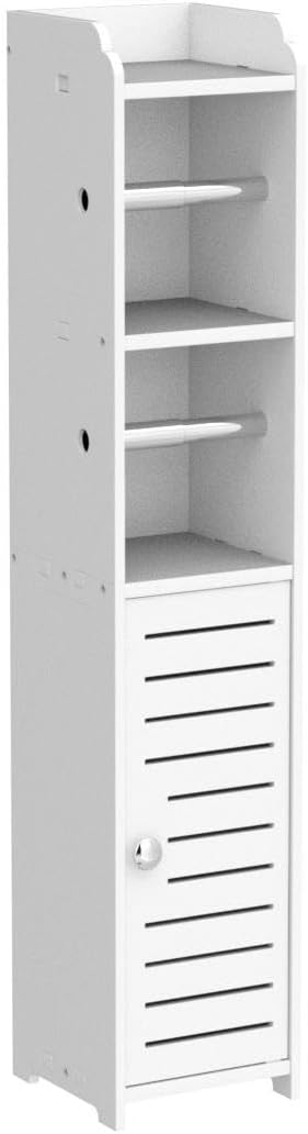 TUOXINEM Small Bathroom Storage with Dual Rods, Over The Toilet, Slim Toilet Paper Storage with 4 Tier Design, Fit Mega Roll (White)