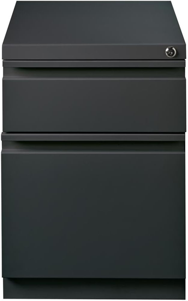 Pemberly Row 20" Metal Mobile Pedestal Filing Cabinet, Charcoal Finish, 2 Drawers, Letter-Size File Compatible, Ball-Bearing Suspension, Lock Included, Hidden Casters, Contemporary Office Storage Unit