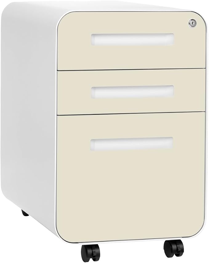 Laura Davidson Furniture Stockpile 3 Drawer File Cabinet with Lock - Under Office Desk Metal Filing Cabinet, Legal/Letter File Folders, Wheels and Stationary Feet, Pre-Assembled, Ivory