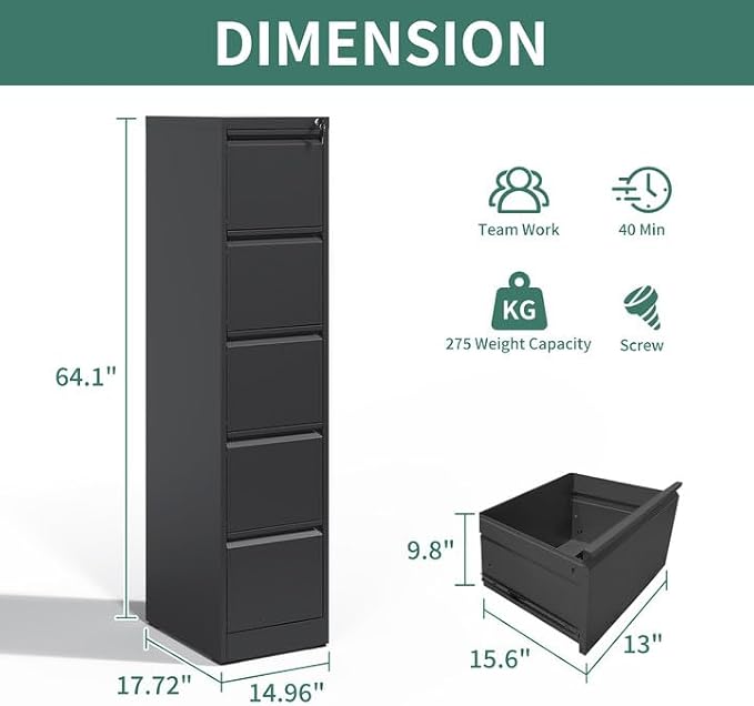 5 Drawer File Cabinet, Metal Vertical Filing Cabinets for Home Office, Steel Storage Cabinet for Hanging Legal/Letter Size Files, Assembly Required (Black)