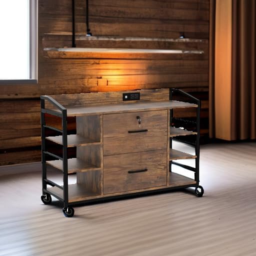 SEDETA 44" File Cabinet, Filing Cabinet fits Legal/Letter Size, 2 Drawer File Cabinets for Home Office with Lock, Power Strip, 6 Storage Shelves, Rustic Brown