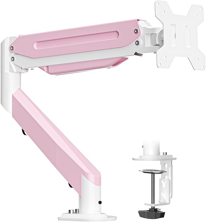 Suptek Monitor Mount Gas Spring Monitor Arm Desk Mount Fully Adjustable Fits 17 20 22 23 24 26 27 32 35 inch Monitors Weight Capacity up to 24.25 lbs, Pink