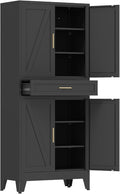 COFaR 71 in Tall Kitchen Pantry Cabinet with Drawer, Metal Pantry Storage Cabinet with 4 Adjustable Shelves and 4 Barn Doors, Freestanding Farmhouse Food Cupboard for Dining Room Garage, Black 6-Tier