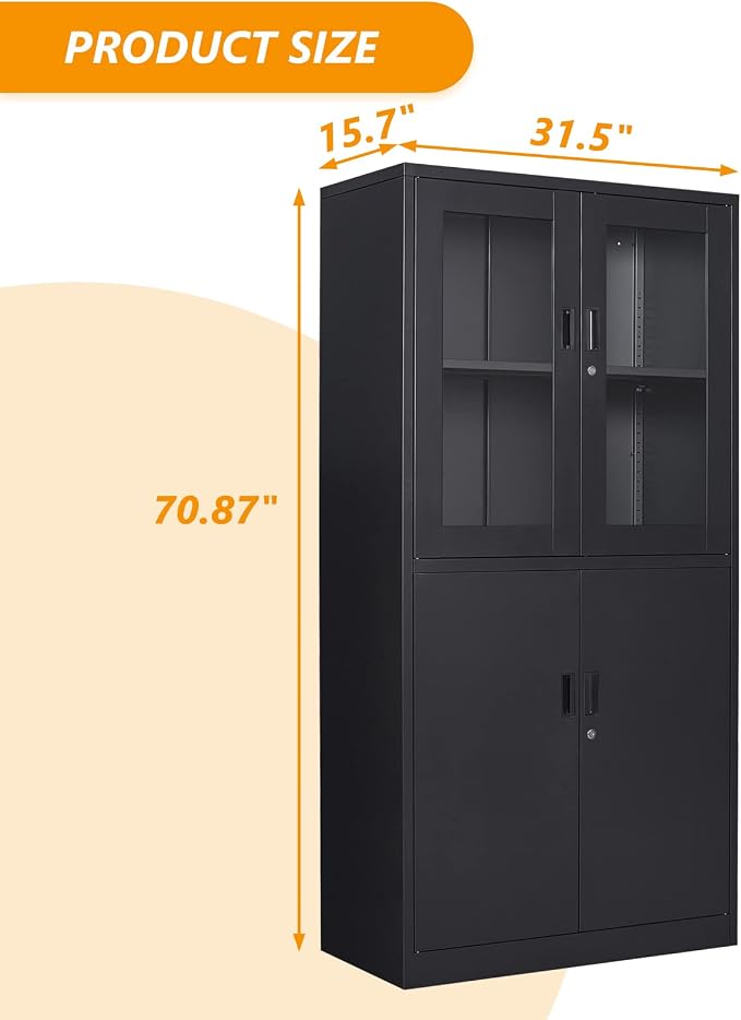 STANI Black Metal Cabinet, Locking Steel Storage with Shelves, Tall Metal Utility Cabinet 2 Doors, Lockable Steel Cabinets for Home Office (4 Doors, Black)