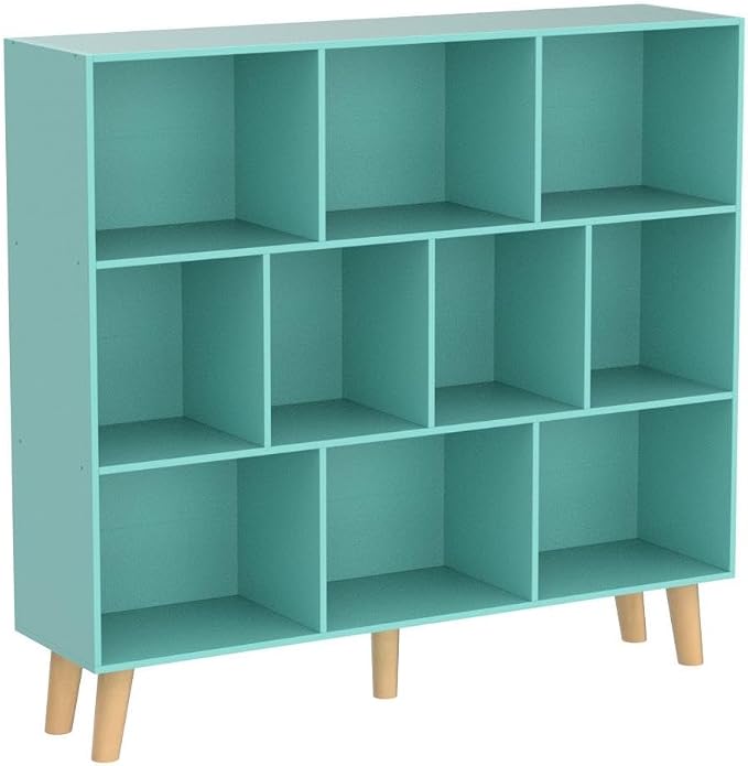 LEYAOYAO 10 Cube Bookshelf,3 Tier Modern Wide Bookcase with Legs,Mid-Century Wood Bookshelves Storage,Mint-Green Large Book Case,Freestanding Organizer Display Shelf for Bedroom,Living Room,Office