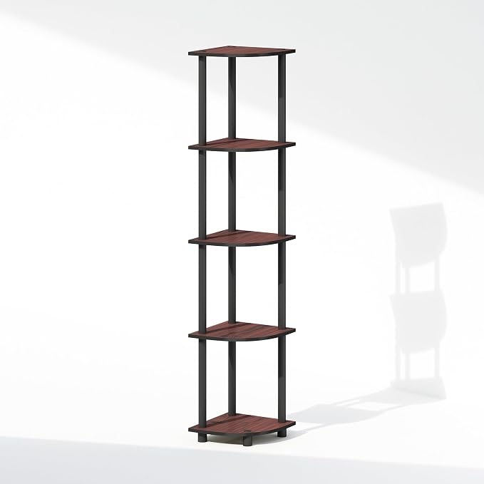 Furinno Turn-N-Tube Storage Shelves, 5-Tier Book Shelf, Corner Shelf, Toolless Open Shelves, for Organization and Storage, Living Room, Home Office, Hallway, Bedroom, Dark Cherry