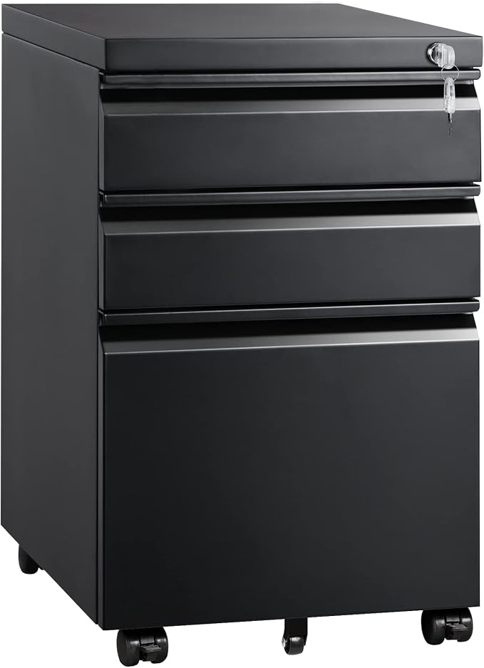 DEVAISE 3 Drawer Mobile File Cabinet with Lock, Under Desk Metal Filing Cabinet for Home Office/Legal/Letter/A4 File, Fully Assembled Except Wheels, Black