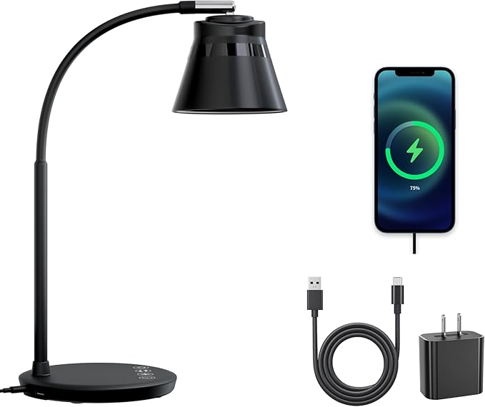 AXX TU08 LED Small Desk Lamp with USB Charging Port, 650 Lumens 3-Color Modes, 5-Touch Dimming, 30/60-Minute Timer, 18-Inch Black Table Light for Reading, Home Office, College Dorm Room Accessories