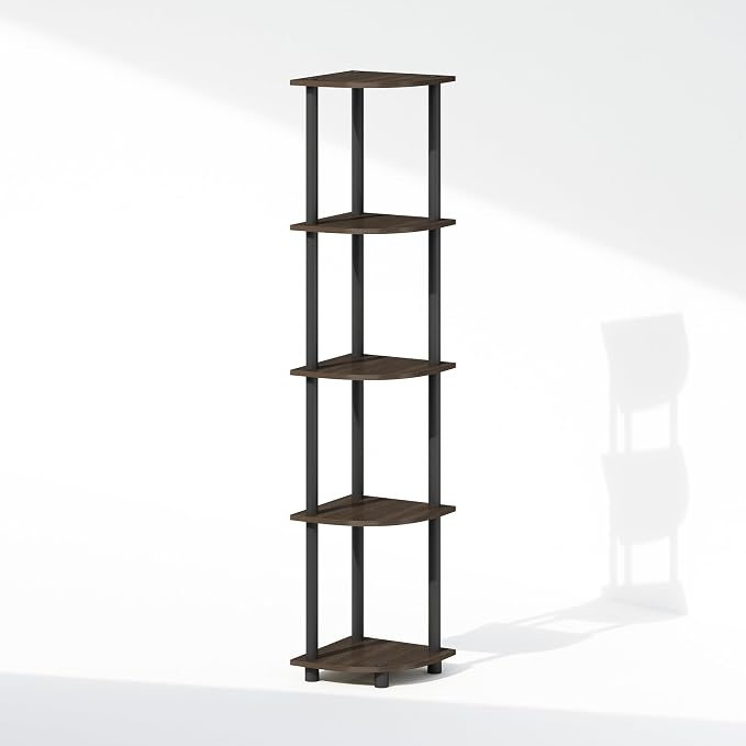 Furinno Turn-N-Tube Storage Shelves, 5-Tier Book Shelf, Corner Shelf, Toolless Open Shelves, for Organization and Storage, Living Room, Home Office, Hallway, Bedroom, Dark Brown Grain
