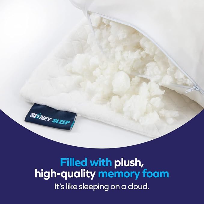 Sidney Sleep Set of 2 Queen Size Bed Pillows for Side and Back Sleepers - Adjustable Filling - Memory Foam Pillows for Neck and Shoulder Pain - Customizable Loft - Extra Foam Included (White)