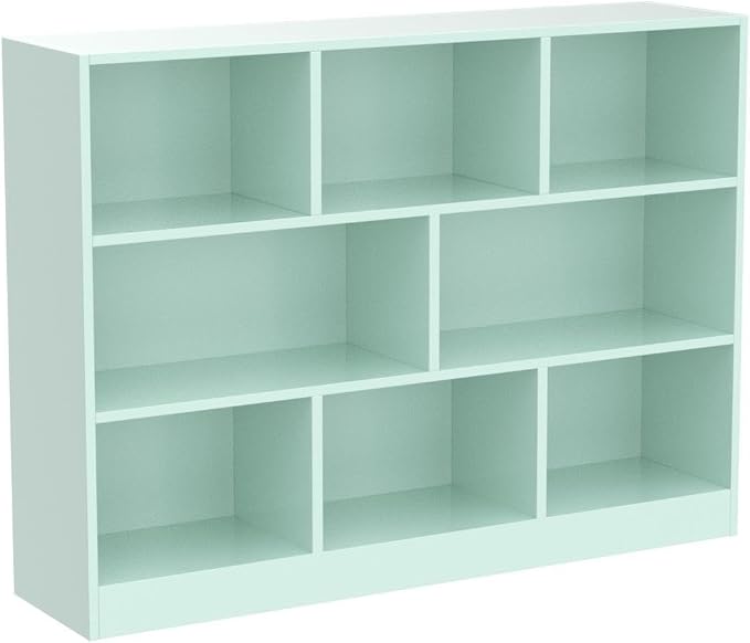 IOTXY Open Shelf Low Bookcase - Wooden 3-Tier Floor Standing Display Cabinet Organizer with Base, 8 Cubes Short Horizontal Bookshelf in Tiffany-Green
