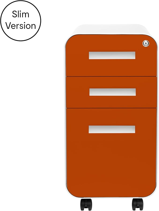 Laura Davidson Furniture Stockpile Slim 3-Drawer Mobile File Cabinet with Lock - Under Desk Metal Filing Cabinet, Legal/Letter File Folders, Wheels and Stationary Feet, Pre-Assembled, Orange Faceplate