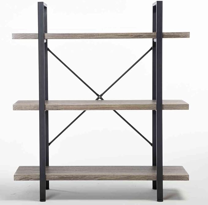HSH 3-Shelf Bookcase, Rustic Gray 3 Tier Bookshelf, Vintage Industrial Wooden and Metal Display and Storage Bookshelves Tower for Home Office Livingroom Bedroom Light Grey Oak