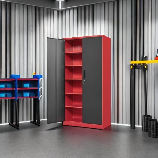 Yizosh Metal Garage Storage Cabinet with 2 Doors and 5 Adjustable Shelves - 71" Steel Lockable File Cabinet,Locking Tool Cabinets for Office,Home,Garage,Gym,School (Red Black)