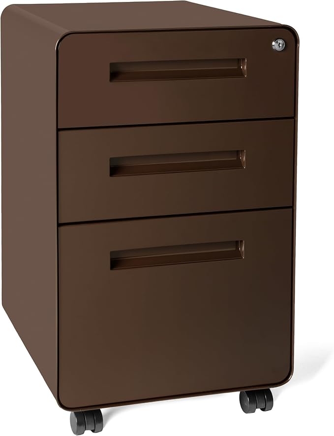 Laura Davidson Furniture Stockpile 3 Drawer File Cabinet with Lock - Under Office Desk Metal Filing Cabinet, Legal/Letter File Folders, Wheels and Stationary Feet, Pre-Assembled, Dark Brown