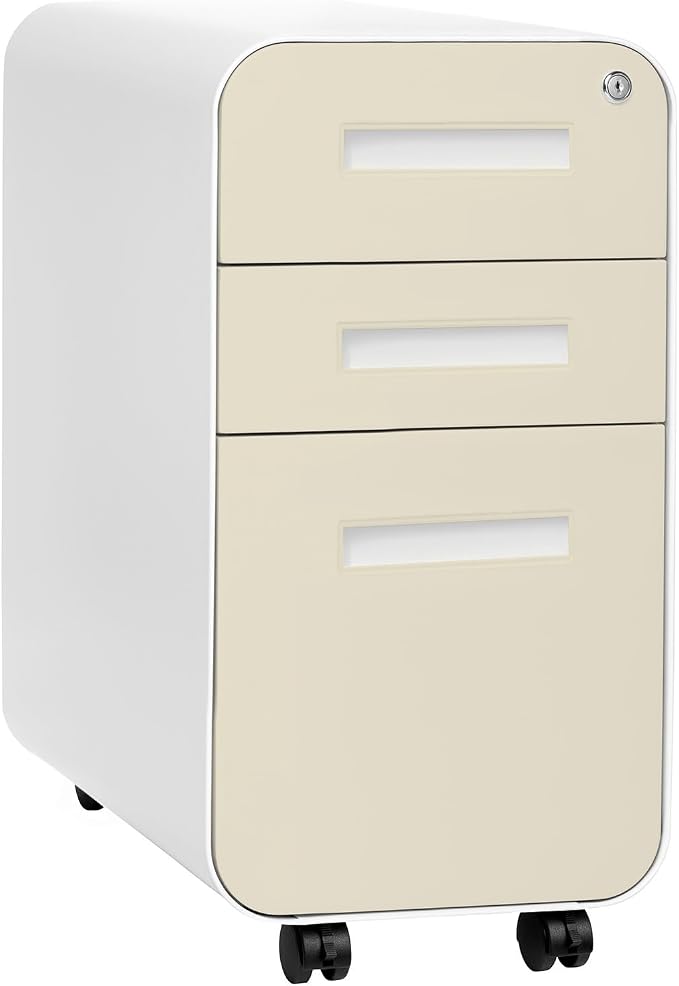 Laura Davidson Furniture Stockpile Slim 3-Drawer Mobile File Cabinet with Lock - Under Desk Metal Filing Cabinet, Legal/Letter File Folders, Wheels & Stationary Feet, Assembled, Ivory Faceplate