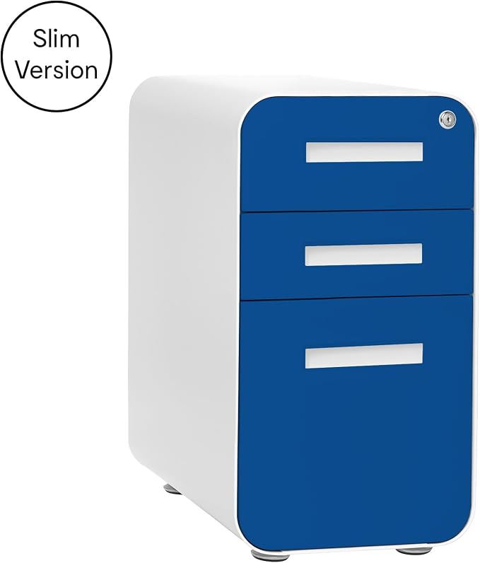 Laura Davidson Furniture Stockpile Slim 3-Drawer Mobile File Cabinet with Lock - Under Desk Metal Filing Cabinet, Legal/Letter File Folders, Wheels and Stationary Feet, Pre-Assembled, Blue Faceplate