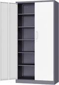 Fesbos Metal Cabinet Steel Storage Cabinet - 71” Tall Steel File Cabinets with Lockable Doors and 5 Adjustable Shelves Gray&White Storage Cabinets for Home, School, Office, Garage