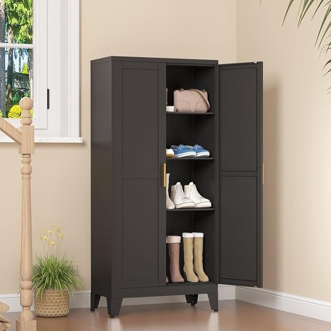 Black Metal Storage Cabinet, 48" Steel Cabinets for Home Office, Kitchen Pantry Storage Cabinet with Doors and 3 Adjustable Shelves, for Office, Home, Garage, School