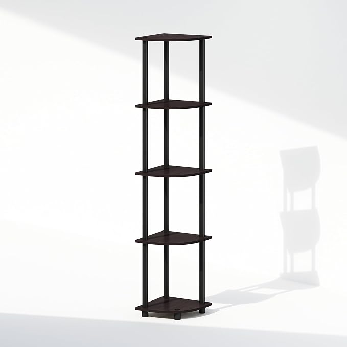 Furinno Turn-N-Tube Storage Shelves, 5-Tier Book Shelf, Corner Shelf, Toolless Open Shelves, for Organization and Storage, Living Room, Home Office, Hallway, Bedroom, Dark Walnut