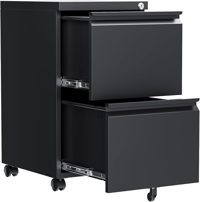 2 Drawer File Cabinet, Fully Assembled Mobile File Cabinets with Lock, Metal Rolling Filing Caninet on Wheels, Small Two Drawer Under Desk Cabnet for Letter/Legal / A4 / File Box - Black