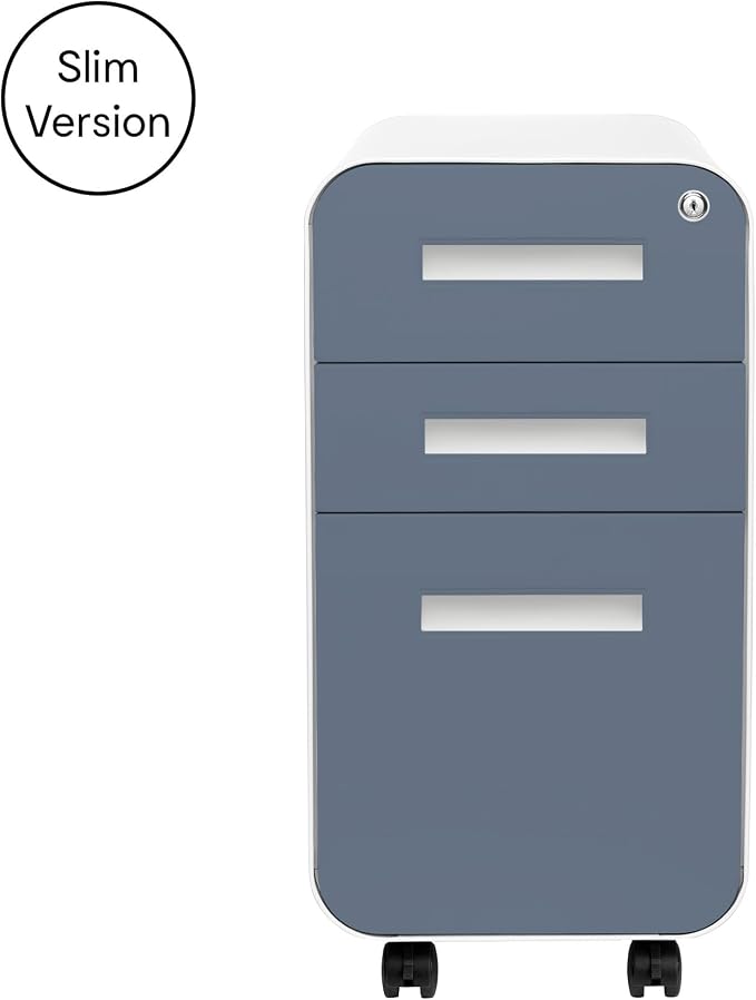 Laura Davidson Furniture Stockpile Slim 3-Drawer Mobile File Cabinet with Lock - Under Desk Metal Filing Cabinet, Legal/Letter File Folders, Wheels & Stationary Feet, Assembled, Coastal Blue Faceplate