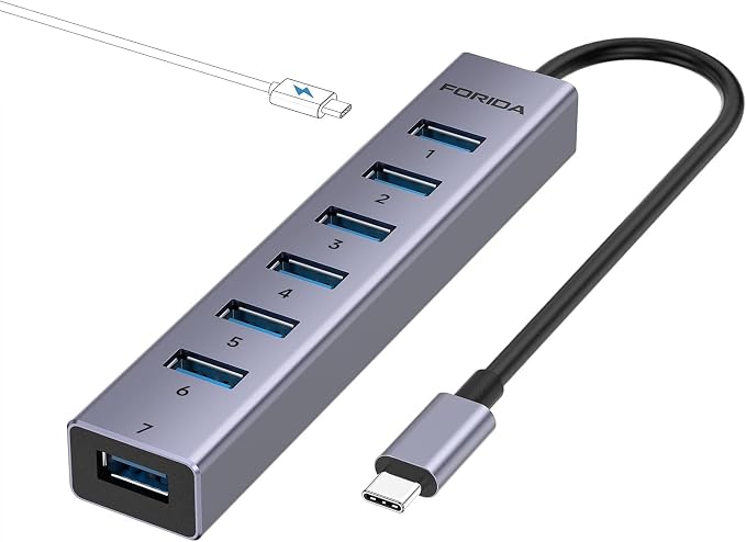 FORIDA USB C Hub-8 Port USB HUB with 7 USB3.0 Data Ports,Aluminum Alloy USBC Splitter with Type C 5V/3A Power Port Compatible with MacBook, iPad, Surface Pro, XPS, Laptop,PC (Gray,USB C-9.8in)