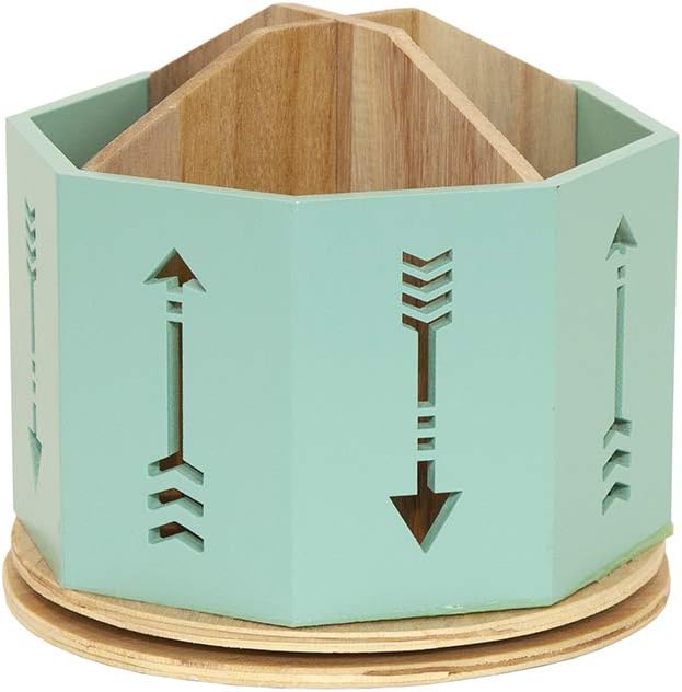 Spinning Desktop Stationary Organizer – Decorative Wooden Rotating Pen and Pencil Cup – 4 Compartment Teal Desk and Table Top Office Supplies Station with Arrow Design - by Designstyles
