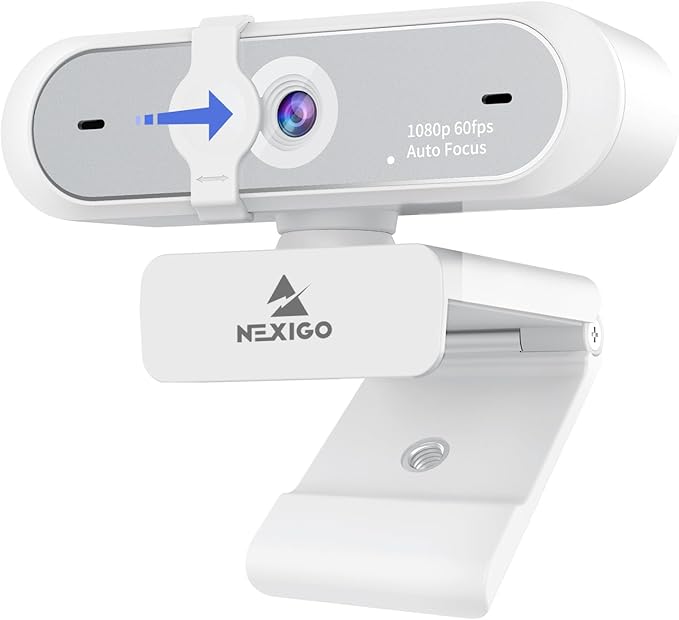 NexiGo N660P (Gen 2) 1080P 60FPS Webcam with Software Control, Dual Microphone & Cover, Autofocus, HD USB Computer Web Camera, for OBS/Zoom/Skype/FaceTime/Teams/Twitch, White