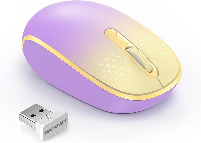 TECKNET Wireless Mouse, 2.4G Quiet Computer Mouse with USB Receiver, 4 Buttons Portable Cordless Mice for Chromebook, Laptop, PC, Mac, 800/1200/1600 DPI - Pink-Yellow Gradient