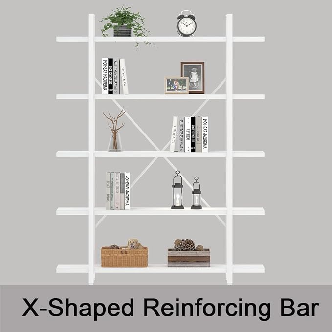 HSH 5 Tier Tall White Bookshelf, Metal and Wood Storage Book Shelves for Bedroom Living Room Office, Modern Large White Bookcases and Bookshelves 5 Shelf, Farmhouse Open Vertical Display Book Shelf