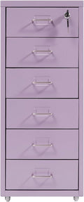 Vertical File Cabinet, 6 Drawers Rolling File Organizer Cabinets with Lock, Heavy Duty Metal Storage Cabinet, Movable Under Desk Filing Cabinet for Office, Study, Dresser (Purple)