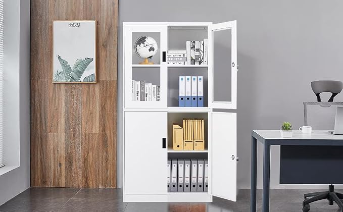 STANI Metal Storage Cabinet, Locking Steel Cabinet with Shelves, Tall Metal Utility 2 Doors, Lockable Steel Cabinets for Home Office (4 Doors, White)