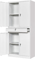 White Metal Storage Cabinet with Lock, 71" Tall Garage Storage Cabinets with Doors and Shelves, Lockable Tool Caninet Steel Locking Cabnets File Caninet for Home Office, Garage, Pantry