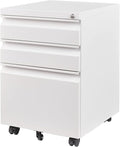 3 Drawer File Cabinet with Lock, Steel Mobile Filing Cabinet on Anti-tilt Wheels, Rolling Locking Office Cabinets Under Desk for Legal/Letter Size (White)