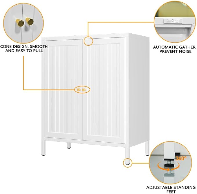 2 Door Metal Storage Cabinet-Small Bathroom Storage Cabinet with 1 Adjustable Shelf,Freestanding Sideboard for Home Office, Living Room, Hallway, Entryway(Striped Door, White)