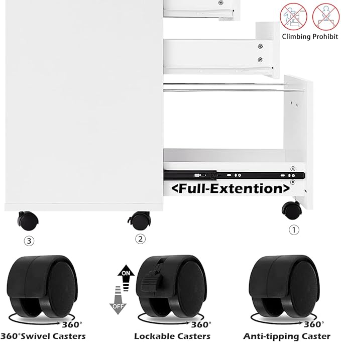Panana 3 Drawer Wood Mobile File Cabinet, Under Desk Storage Drawers Small File Cabinet for Home Office (White)