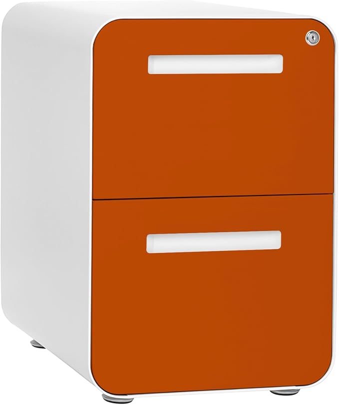 Laura Davidson Furniture Stockpile 2 Drawer Mobile File Cabinet with Lock - Under Desk Metal Filing Cabinet, Legal/Letter File Folders, Wheels and Stationary Feet, Pre-Assembled, White/Orange
