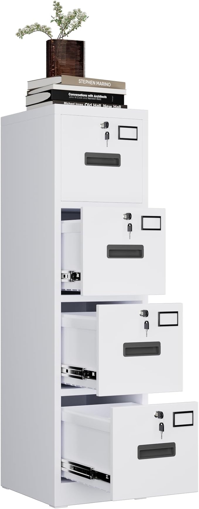 METAN Upgrade Metal 4 Drawer Files Cabinet for Home Office,Lockable Steel File Storage Cabinet with 4 Locks for Hanging Legal/Letter A4 Size, Assembly Required,White
