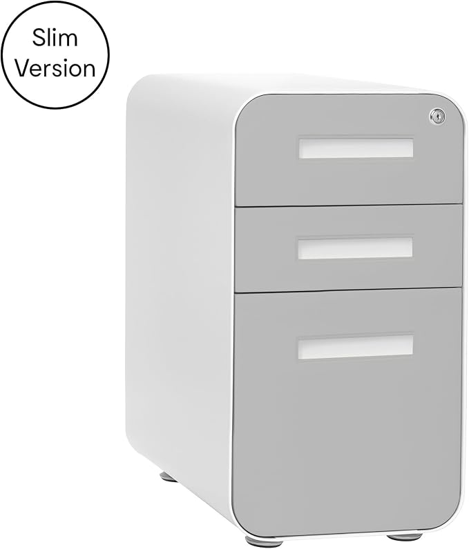 Laura Davidson Furniture Stockpile Slim 3-Drawer Mobile File Cabinet with Lock - Under Desk Metal Filing Cabinet, Legal/Letter File Folders, Wheels & Stationary Feet, Assembled, Light Grey Faceplate