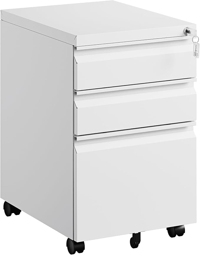PEUKC 3 Drawers Mobile File Cabinet with Lock, Under Desk Rolling File Cabinet for Home Office, Organizes Letter Legal A4 Files, White(Assembly Required)